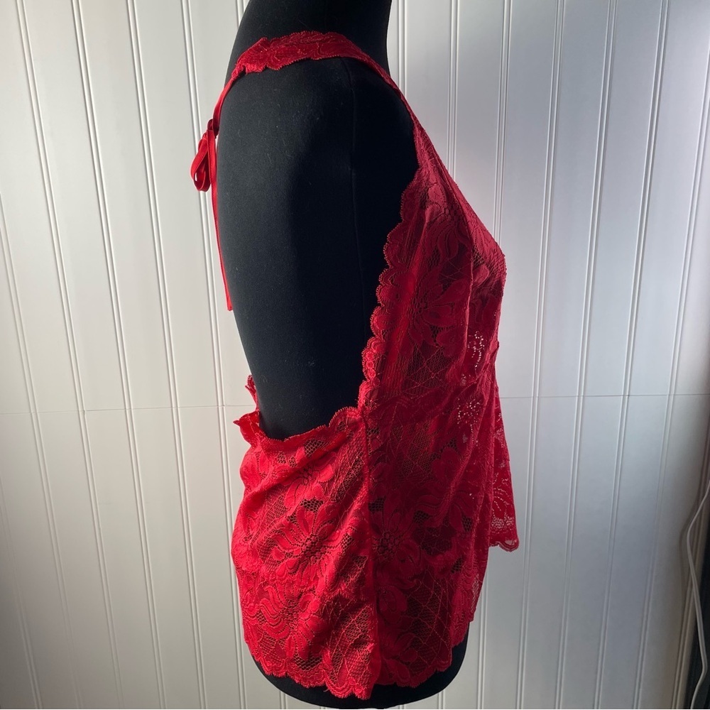 Fredericks of Hollywood Red Sheer Floral Lace Halter Chemise 2X Scalloped Edge - Picture 5 of 9